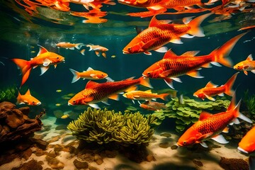 river pond decorative orange underwater fishes nishikigoi. aquarium koi asian japanese wildlife...