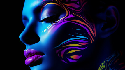 Close-up of beautiful woman's face with body painting,created with Generative AI tecnology.