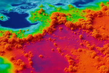 Heatmap image using an infrared thermography camera showing spatial heat radiation and solar absorption in the coastal land with trees and inlet marshes. Aerial view of thermal scan imaging. - obrazy, fototapety, plakaty