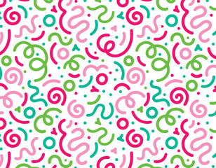 Abstract background pattern. Vector seamless repeat of doodle squiggles and dots. Design element. Colorful line doodle seamless pattern