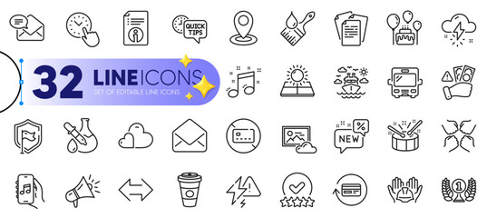 Outline set of Squad, Quick tips and Lightning bolt line icons for web with Refund commission, Shield, Location thin icon. Technical info, Ship travel, Mail pictogram icon. Vector