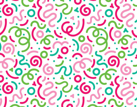 Abstract background pattern. Vector seamless repeat of doodle squiggles and dots. Design element. Colorful line doodle seamless pattern