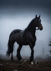 Obraz na płótnie Canvas cheval noir dans les ténèbres , montagnes en arrière plans un cheval noir, ruine , rendu irréelle, 8K, brouillard noir, un cheval noir, ruine, 8K, brouillard noir, un cheval noir, bâtiment détruit, re