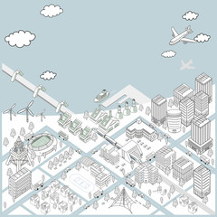 海沿いの街並みの俯瞰イラスト（冬の景色）