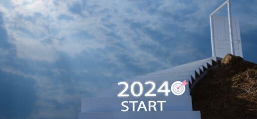New year concept. 2024 icon with goals, stairs. Morning sunlight. Happy New Year 2024. New year business success goals. New beginning. - obrazy, fototapety, plakaty