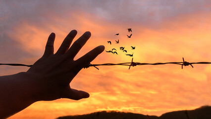 Silhouette of helping hand concept. reaching giving a helping hand, hope and support each other...