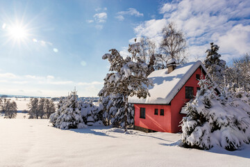 Suburban house after heavy snowfall in central Europe