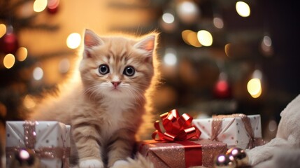 A kitten sitting on top of a pile of presents