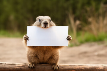 Funny baby groundhog holding a blank poster. Copy space for your text