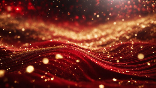 Sfondo digitale astratto con particelle e luci colorate di rosso e oro