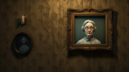 A portrait of an old woman hangs on a wall