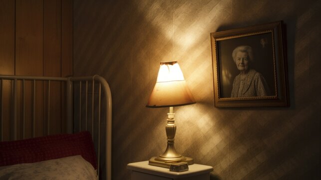 A picture of an old man is on the wall next to a lamp