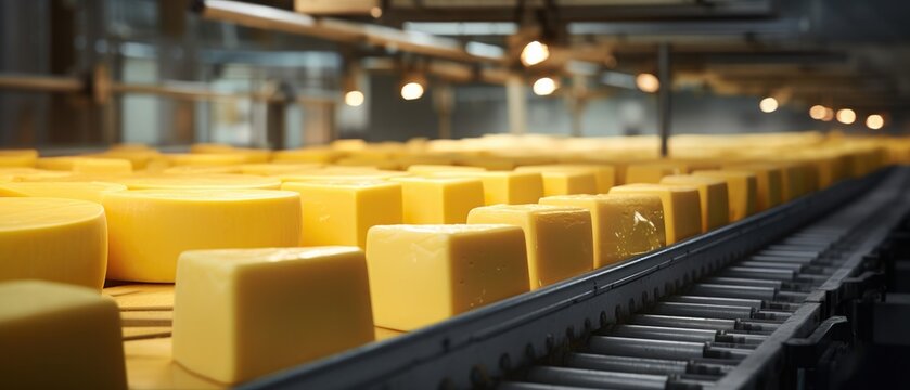 Large wheels of cheese on conveyor belt in factory. Food production and industry.