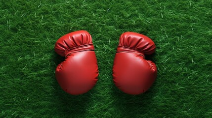 Set with red boxing gloves on grass background. Banner design - Powered by Adobe