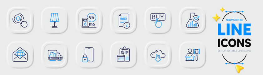 Report, Lock and Cloud download line icons for web app. Pack of Buying, Chemistry lab, Seo target pictogram icons. Table lamp, Manual, Web mail signs. Auction, Petrol station, Truck transport. Vector