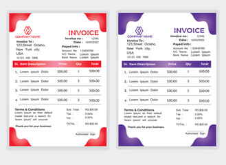 Fototapeta premium Business Minimal Corporate Invoice design template vector illustration bill form price . Creative template and stationery design payment agreement design template Cash Memo, Vector Quotation Design