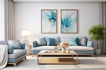 Modern living room with blue sofa, two poster, wooden table and lamp. Created with Ai