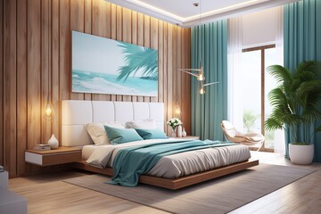 Bedroom interior design with wooden walls, painting, king size bed and window. Created with Ai