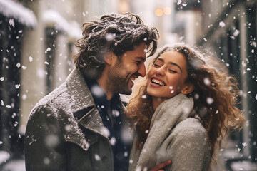 A couple in love share smiles while walking on a snowy street