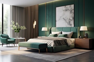 Bedroom interior design with green walls, poster, king size bed and wooden floor. Created with Ai
