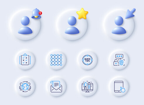 Biometric Security, Density And Tips Line Icons. Placeholder With 3d Cursor, Bell, Star. Pack Of Mail Newsletter, Tablet Pc, Rule Icon. Creative Design, Global Business Pictogram. Vector