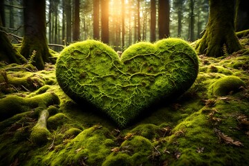 **forest love background - wooden mossy heart on moss in the woods, illustrated by the sun (generative al )ai