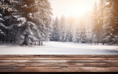 Empty wooden floor or table, display with winter theme background. Beautiful snowy forest landscape.