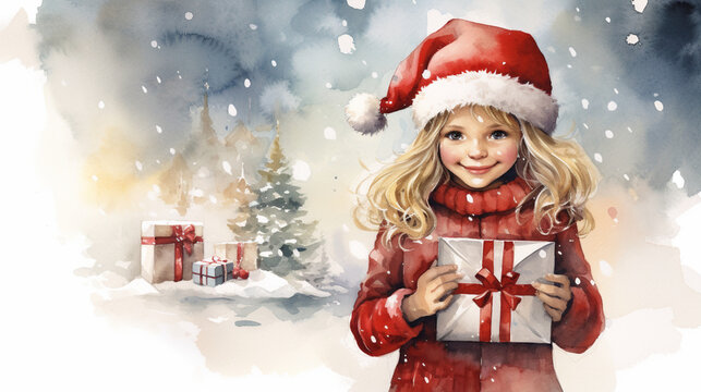 The greeting card is made in watercolor on which a little girl with blonde hair in a red sweater and red hat holds a gift in her hands