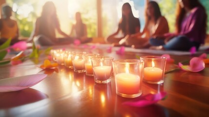 Aromatherapy and meditation. Group meditation. Yoga class. Diverse people meditate in the lotus...