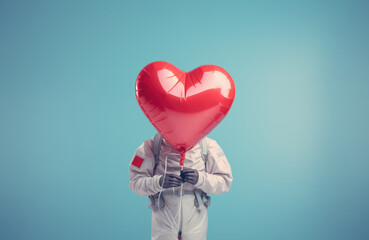 Man in a space suit holding a a red, heart shaped ballon. Valentine's day romantic background. Ai generated image - obrazy, fototapety, plakaty