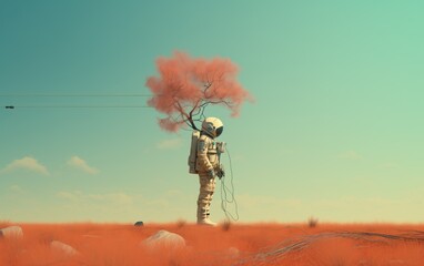 Astronaut holding power cables plugged into the tree. Futuristic, conceptual background. Ai generated image