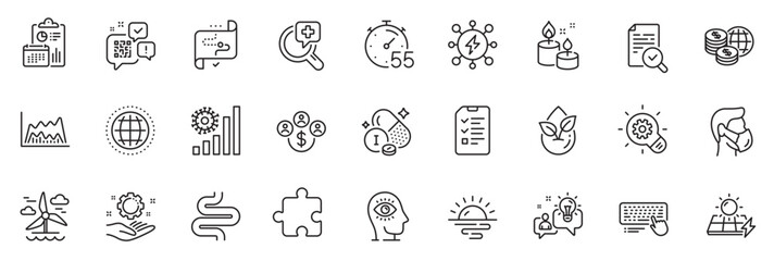 Fototapeta na wymiar Icons pack as Organic product, Qr code and Windmill line icons for app include Coronavirus statistics, Intestine, Power outline thin icon web set. Medical analyzes, World money. Vector