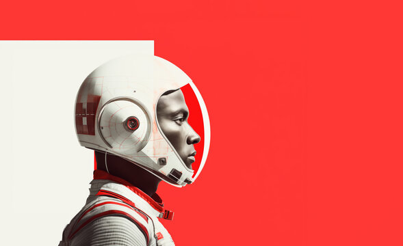 African American astronaut with minimalistic graphics stale. Red, white and black background. Ai generated image