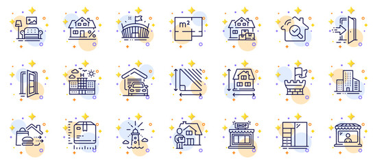Outline set of Food delivery, Delivery man and Shield line icons for web app. Include Buildings, Hotel, Mortgage pictogram icons. Cupboard, Triangle area, Floor plan signs. Shop. Vector - obrazy, fototapety, plakaty