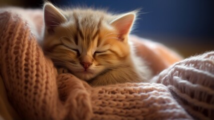 Single cute kitten sleeping in a woollen bed