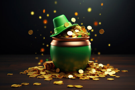 Brown pot with gold coins and leprechaun hat