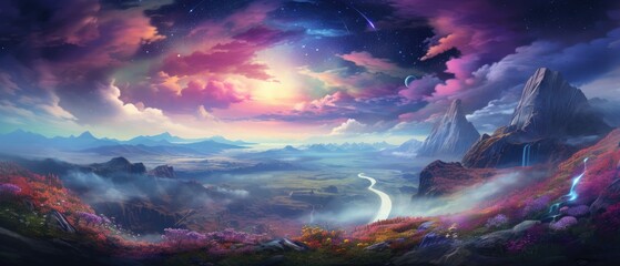 Fantasy landscape with majestic mountains and vibrant skies. Imagination and creativity.