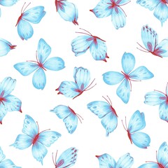 Watercolor seamless pattern with blue butterflies. For fabric, textiles, wallpaper
