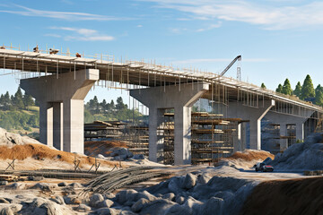 highway construction bridge is under construction. building bridge over a railroad