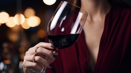 Red wine in a glass in female hand. Beautiful woman holding glass with red wine. Alcoholic drinks. Drinking wine.