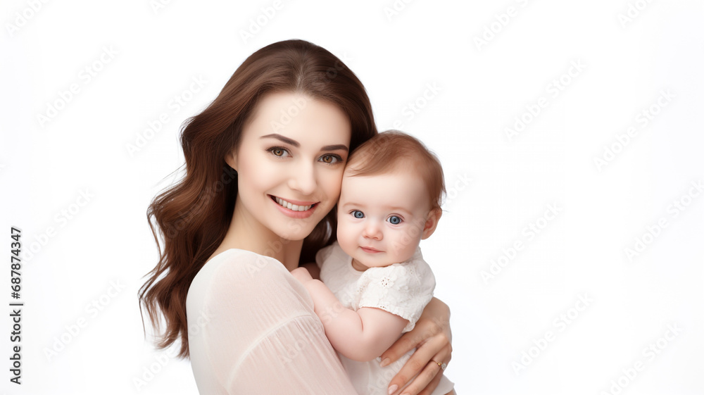 Wall mural Portrait of happy mother embracing her baby girl isolated on white background.