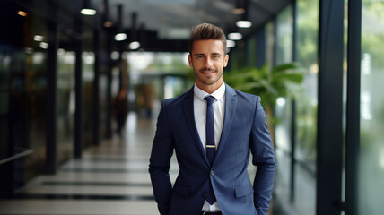 Portrait of happy businessman looks at camera on the office blurred background