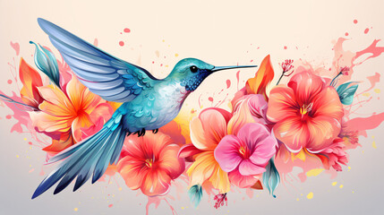 Fototapeta na wymiar Cute Cartoon Hummingbird with Flowers