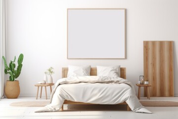 The interior of a bedroom with a Scandinavian-style bed with a frame layout on the wall