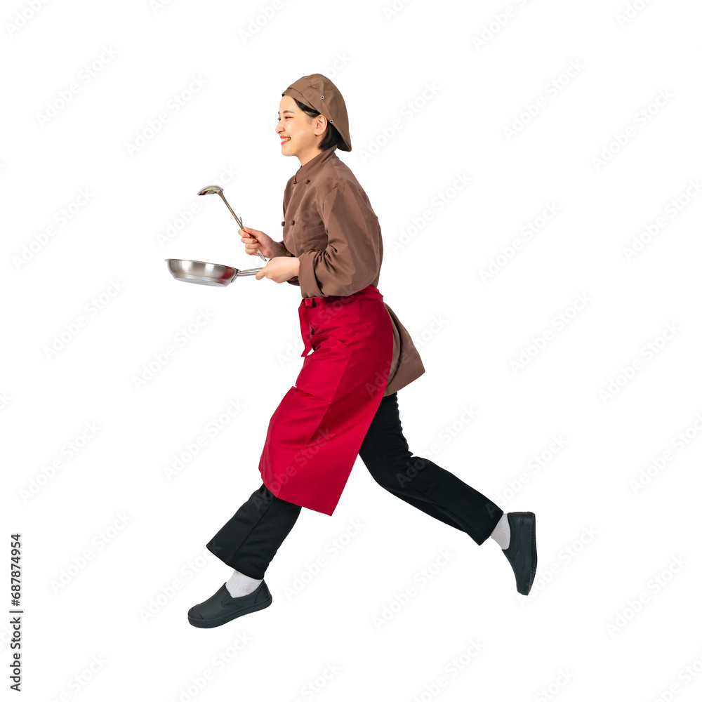 Aufkleber ジャンプする調理服を着た女性　調理師　飲食店店員　切り抜き全身写真