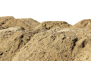 Construction site with heaps of sand. Pile of sand on an isolated white background. Transparent background. PNG. copy space.