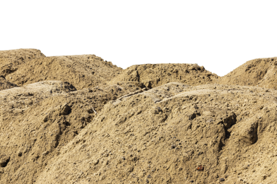 Construction site with heaps of sand. Pile of sand on an isolated white background. Transparent background. PNG. copy space.