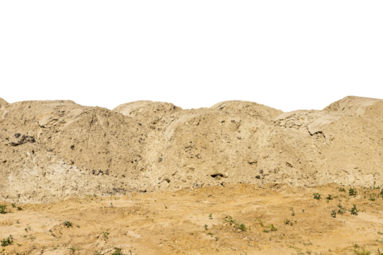 Construction site with heaps of sand. Pile of sand on an isolated white background. Transparent background. PNG. copy space.