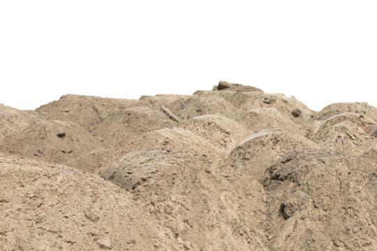 Construction site with heaps of sand. Pile of sand on an isolated white background. Transparent background. PNG. copy space.