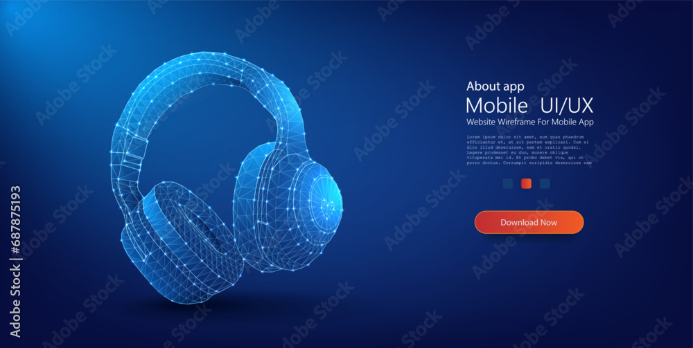 Aufkleber Futuristic 3D Wireframe Headphones Illustration on a Dynamic Blue Background. Wireframe light connection structure. Vector illustration